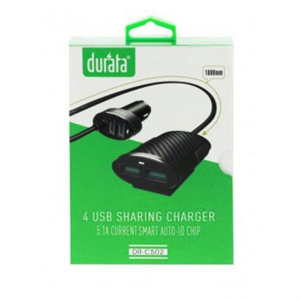 4 USB Car Charger, Auto Lader met 1 meter snoer