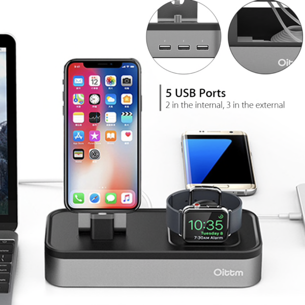 Oittm Aluminium Docking Station Apple Watch & iPhone + extra 3x USB poorten Grijs Oittm Aluminium Docking Station Apple Watch & iPhone + extra 3x USB poorten Grijs